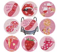 NAIMOER 8 Pcs Pink Vintage Diamond Art Coasters with Holder Cork Pad, DIY Diamond Painting Coasters Pink Boho Kits for Adults Kids, Table Decoration Gifts for Home