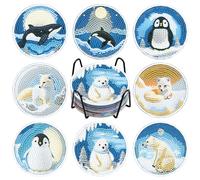 NAIMOER 8Pcs Animals Diamond Painting Coasters, DIY Life Coasters Winter Animald Diamond Art Christmas Kits for Adults Kids, 5D Christmas Coaster with Holder Cork Pad for Home