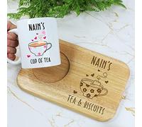 Nain's Tea & Biscuits Board & Mug Set, Wooden Treat Board with Cup of Tea Mug, Snack Tray, 350ml Coffee Mug, Mother's Day, Birthday Gifts for Nain