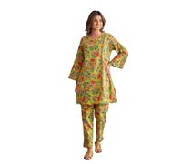 NAINVISH Women's Floral Printed A-line Cotton Blend V-Neck Co-ord Set (SD666-SD667), Mustard, L