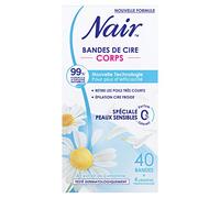 NAIR - Cold Body Wax Strip, Specially Designed for Sensitive Skin, with Chamomile Extract, 99% Natural Origin, 40 Strips + 4 Cleansing Wipes "Gentle Finish"