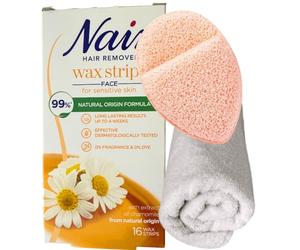 Nair Facial Wax Strips Bundle with Exfoliator Puff & BVO Luxe Reusable Face Cloth | Sensitive Skin Hair Removal Kit for Women | Upper Lip, Chin, Cheeks & Eyebrow Waxing Strips