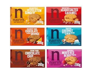 Nairn's Oat Biscuits Variety Pack - Dark Chocolate Chip/Stem Ginger/Chocolate & Orange/Mixed Berries/Salted Caramel/Cocnut & Chia Seeds, Pack of 6