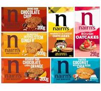 Nairn's Variety Pack - Oat Biscuits and Oatcakes - Flavours: Dark Chocolate Chip, Chocolate Orange, Stem Ginger, Marmite & Cheese, Coconut & Chia, Rough - (PACK OF 6) - Healthy Snacks
