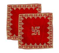 NAISHA Red Pooja Aasan Mat (Set of 2) 15" X 15" Velvet Puja/Altar Cloth Mandir, Multipurpose Pooja Decorations Keeping Accessories of Temple, Chowki, Slab Article. Golden Work