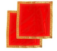 NAISHA Red Pooja Aasan Mat (Set of 2) 15" X 15" Velvet Puja/Altar Cloth Mandir, Multipurpose Pooja Decorations Keeping Accessories of Temple, Chowki, Slab Article. Swastik Border