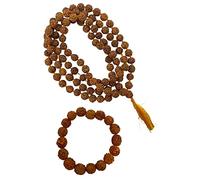 Naisha Stretchable Bracelet & Rudraksha Mala 108 Beads Necklace 5 mukhi Paanchmukhi Five Faced Rudraksh Seed Prayer Beads Wrist Wrap Jaap Mala, Bead Size 8 mm, Wood