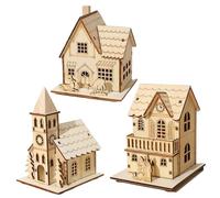 Naisicatar Christmas Village Set, 3pcs Wood LED Light Up Battery Powered Mini Xmas Decoration for Table and Bedroom