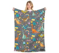 Naispanda Personalised Dinosaur Fleece Throw Blanket for Children Kids Boys Girls Custom Blankets with Name Baby Blanket Gift for New Mother Customise Name Cute Cartoon Customised Throws