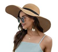 Naivlizer Women's Wide Brim UPF50 Straw Summer Sun Hat Floppy Beach Hat Roll-Up, Tie Brown, One Size