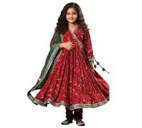 Naixa Girls Anarkali Red Kurta Set with 3/4 Sleeve Lace and Gold Green Lace Solid, Red, 11-12 ans