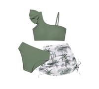 Naiyafly Girls 3 Piece Swimsuits Ruffle Sleeve Bikini Set with Tropical Cover Up Skirts High Waist Bathing Suit Bikini Tops Pants Summer Holiday Beachwear for Kids Teen 9-16 Years Green