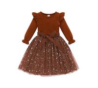 Naiyafly Toddler Girls Dress Velvet Ruffle Long Sleeve Kids Sparkle Sequins Tulle Tutu Christmas Dress Holiday Festive Wedding Party Birthday Fall Winter Princess Dress Outfit 2-7 Years Coffee