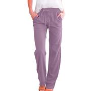NAJZYBA Linen Trousers Women's Summer Trousers Fabric Trousers Plain Casual Trousers Straight Cut Trousers Summer Trousers with Pockets Linen Trousers Made of Cotton, F#01purple, XXXL