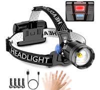 NAKCNM LED Head Torch Rechargeable with Motion Sensor and Red Warning Rear Light, 15000 Lumens Super Bright Headtorch Head Touch Tourch, 3 Light Modes 90° Adjustable Headlamp Headlights Waterproof