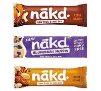nakd. Yummy Mix. 24 x 35g bar pack | 8 x Blueberry Muffin | 8 x Peanut Delight | 8 x Cocoa Orange | Vegan | Kosher | Made with Natural Ingridients | Fruits & Nuts Smooshed Together | Sold by EPL
