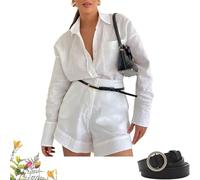 NAKEAH 2024 New Solid Color Cotton and Linen Two-Piece Set with Belt,Women's Casual Linen Blouse And Shorts Set (X-Large,White)