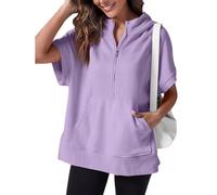 NAKEAH 2024 Oversized Casual Half Zip Short Sleeve Pullover Tops,Solid Color Half-Zip Short Sleeve Hooded Sweatshirt With Pocket (X-Large,Purple)