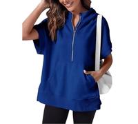 NAKEAH 2024 Oversized Casual Half Zip Short Sleeve Pullover Tops,Solid Color Half-Zip Short Sleeve Hooded Sweatshirt With Pocket (Small,Dark Blue)