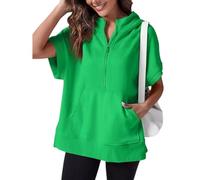 NAKEAH 2024 Oversized Casual Half Zip Short Sleeve Pullover Tops,Solid Color Half-Zip Short Sleeve Hooded Sweatshirt With Pocket (XX-Large,Green)