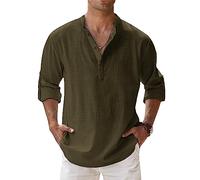 NAKEAH Men's Solid Color Cotton Linen Shirt Fashion Casual Stand Up Collar Long Sleeve Shirt Loose Comfort Large Size Shirt Army Green XL