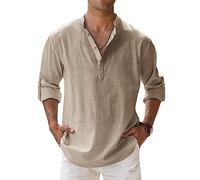 NAKEAH Men's Solid Color Cotton Linen Shirt Fashion Casual Stand Up Collar Long Sleeve Shirt Loose Comfort Large Size Shirt Khaki XL