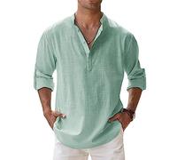 NAKEAH Men's Solid Color Cotton Linen Shirt Fashion Casual Stand Up Collar Long Sleeve Shirt Loose Comfort Large Size Shirt Green XXL
