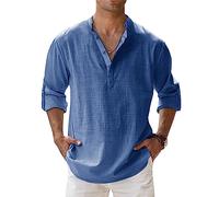 NAKEAH Men's Solid Color Cotton Linen Shirt Fashion Casual Stand Up Collar Long Sleeve Shirt Loose Comfort Large Size Shirt Royal Blue XL