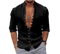NAKEAH Men's Solid Color Stand Collar Long Sleeve Shirts Personality Buttons Fashion Retro Shirt Black M