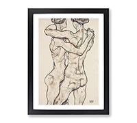 Naked Girls Embracing By Egon Schiele Classic Painting Framed Wall Art Print, Ready to Hang Picture for Living Room Bedroom Home Office Décor, Black A4 (34 x 25 cm)