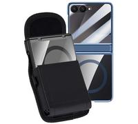 Nakedcellphone Combo for Samsung Galaxy Z Flip 7 Phone Case with Belt Clip Pouch Holder - Built-in Screen Protector - Hinge Cover - Compatible with MagSafe - Blue/Clear