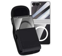 Nakedcellphone Combo for Samsung Galaxy Z Flip 7 Phone Case with Belt Clip Pouch Holder - Built-in Screen Protector - Hinge Cover - Compatible with MagSafe - Silver/Clear