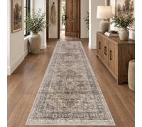 NakedCloud 3x10 Vintage Runner Rug Low Pile Non-Slip Washable Hallway Rug | Retro Print, Non-Shedding, Soft Washable Brown Long Carpet, Stain Resistant Runner, for Hallway Kitchen Bedroom Laundry Room
