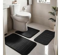 NAKIHOUSE 3 Piece Non-Slip Bath Mat Set, Luxury Thick Memory Foam Bathroom Rugs, Water Absorbent Soft Shower Mat Machine Washable Toilet Mat for Bathroom Floor, Black