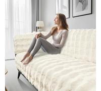 NAKIHOUSE Cream Rabbit Plush Sofa Covers 1 2 3 4 Seater, Washable Sofa Slipcovers for Corner L Shape, Non-Slip Super Thick Sofa Cushion Covers, Universal Furniture Protector (90x180cm)
