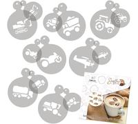 NAKLEO Coffee Stencils and Cookies Decoration 14Pcs 7x7 and 11x11cm, Reusable Plastic Baking Templates, Transport Tractor Truck, Barista DIY Art Craft, Capuccino Latte Chocolate Cake Biscuit Kitchen