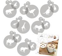 NAKLEO Coffee Stencils and Cookies Decoration 14Pcs 7x7 and 11x11cm, Reusable Plastic Baking Templates, Animals Lion Kangaroo, Barista DIY Art Craft, Capuccino Latte Chocolate Cake Biscuit Kitchen