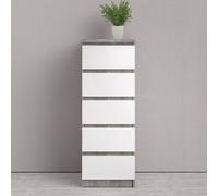 nakou narrow high gloss chest of 5 drawers in concrete and white