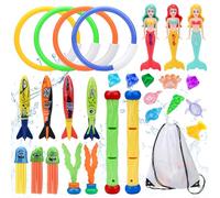 Nakutita Diving Toys for Swimming Pool, 28Pcs Sinkies for Kids Swimming Underwater Diving Toys Set, Summer Game Toy Dive Mermaids, Torpedo, Dive Sticks, Seagrass, Rings with Carrying Bag for Kids