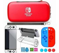 NALACAL Carrying Case Compatible with Switch OLED, Accessories Bundle with Screen Protector Clear Cover for NS OLED Game Console Silicone Skin for Joy-Con and 4 Thumb Grip Caps, RED, Briefcase, RED,