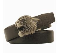 NALANY Men Leather Ratchet Coffee Belt Big And Tall 39"-79" Slide Automatic Silver Animal Buckle Adjustable Casual Dress Strap(130cm/51, Lion)