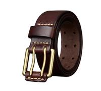NALANY Men's Double Prong Retro Style Handmade Belt,2 Holes Leather Strap with Roller Buckle 3.8cm Wide 4mm Thick Jeans Belt (110cm/43, Coffee)