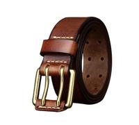 NALANY Men's Double Prong Retro Style Handmade Belt,2 Holes Leather Strap with Roller Buckle 3.8cm Wide 4mm Thick Jeans Belt (120cm/47, Brown)