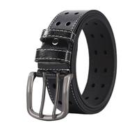 NALANY Rustic Handmade Stitched Leather Men Unisex Belt Casual Quilted,Double Prong and Holes Retro Style Waist Strap Buckle (120cm/47, Black)