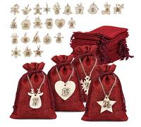 Naler Advent Calendar 2025 Christmas Drawstring Pouches Jute Gift Bags 24 Days Burlap Hanging Countdown Candy Gift Bags for Xmas Tree Christmas Decorations with 1 to 24 Wooden Gift Number Tags, Red