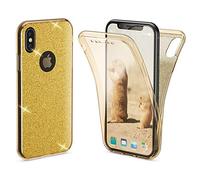 NALIA 360° Glitter Case compatible with iPhone X XS, Full-Body Shiny Soft Protective Smart-Phone Cover, Ultra-Thin Front & Back Silicone Protection Slim-Fit Shockproof Bumper Etui, Color:Gold