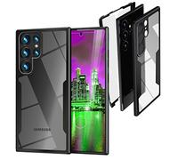 NALIA 360° Hybrid Protective Case compatible with Samsung Galaxy S23 Ultra Cover, Clear Transparent Full-Coverage Slim, Hard Back & Screen Protector Film, Anti-Yellow Shockproof Black Silicone Frame