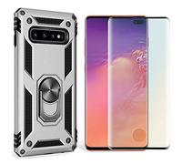 NALIA Case + Screen Protector compatible with Samsung Galaxy S10 Plus, 9H Tempered Glass & 360 Degree Rotating Ring Cover, for Magnetic Car Mount, Hardcase & Silicone Bumper Back Skin, Color:Silver