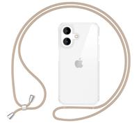 NALIA Clear Hybrid Cover with Strap compatible with iPhone 16 Case, Transparent Hard-Case with Cord, Crossbody Chain Cell Phone Lanyard, Anti-Yellow Rigid Back & Silicone Frame, Color:Beige