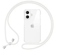 NALIA Clear Hybrid Cover with Strap compatible with iPhone 16 Plus Case, Transparent Hard-Case with Cord Crossbody Chain Cell Phone Lanyard, Anti-Yellow Rigid Back & Silicone Frame, Color:White